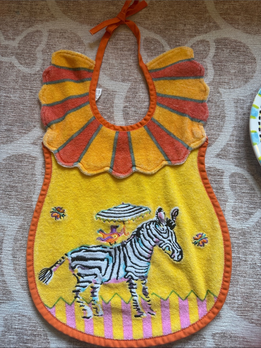 Mackenzie-Child’s Yellow Zebra Toddler Bib with Ruffled Collar